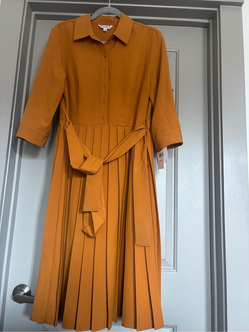 Pleated Shirt Dress with Tie Belt - Mustard